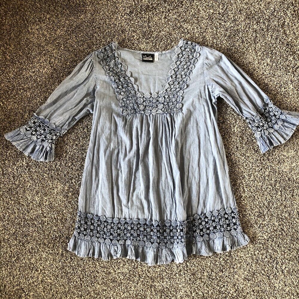 Woman’s Noella Blue Lace Distressed‎ Western Boho Tunic Blouse Shirt Top Size M